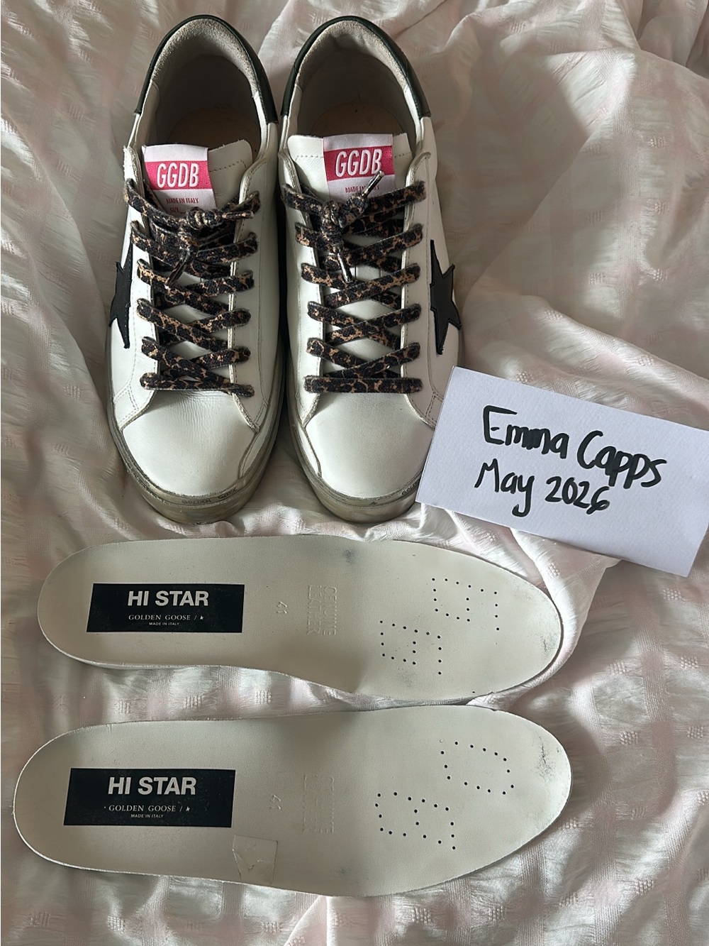 Golden Goose Hi Star White Sneakers with Black Star and Leopard Laces